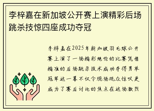 李梓嘉在新加坡公开赛上演精彩后场跳杀技惊四座成功夺冠
